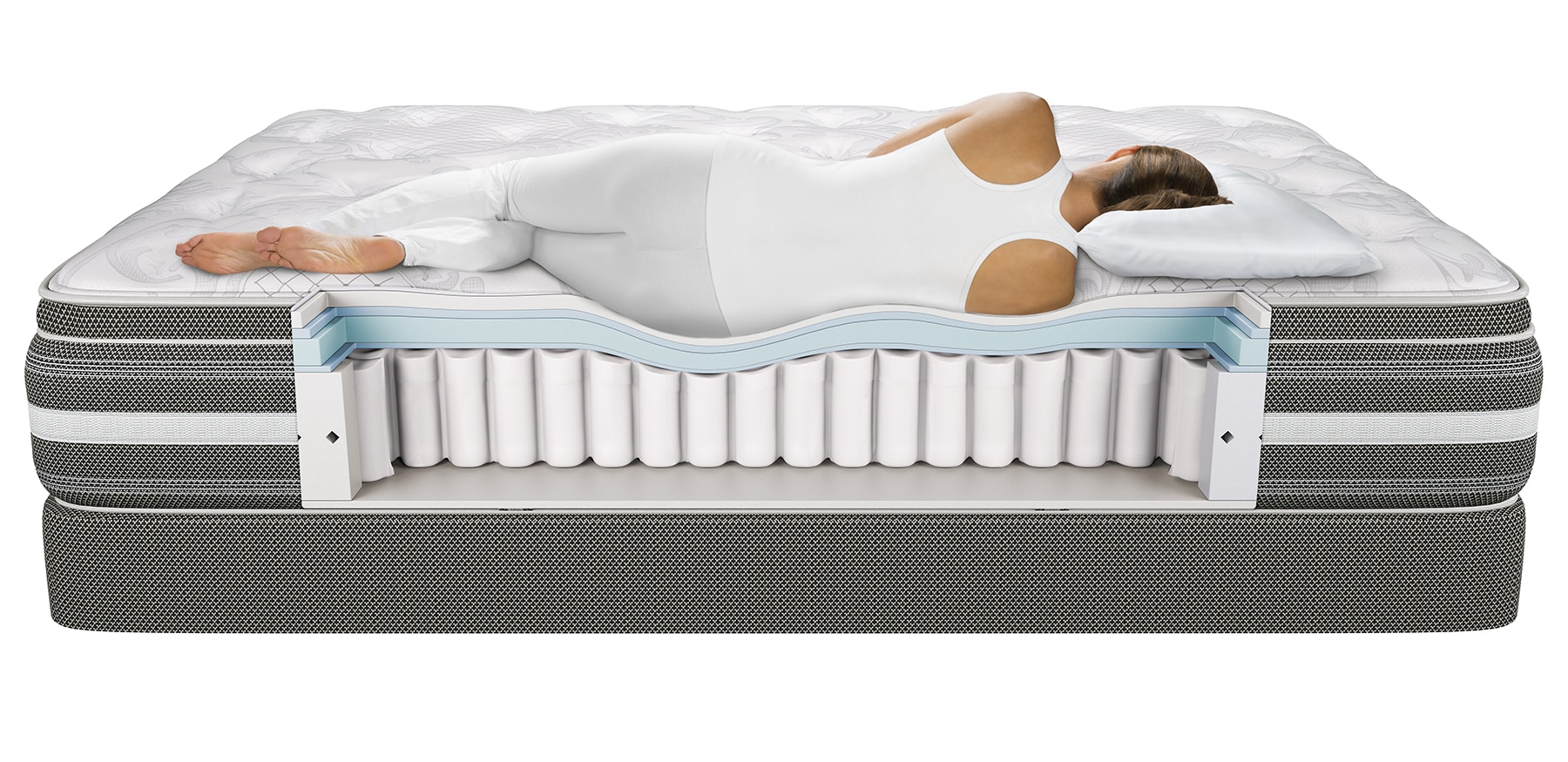 woman lying on mattress, Mattress has a cutout showing coils on the inside.