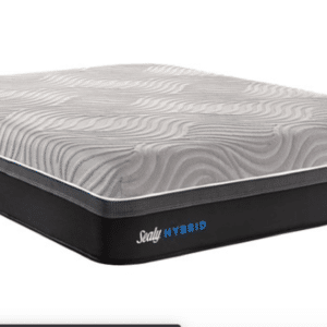 black and grey top mattress with blue sealy print