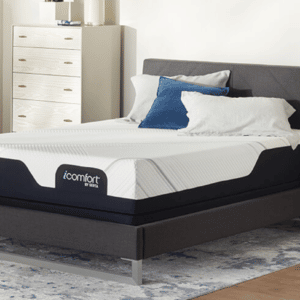 black and white mattress on black bed frame